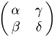 $\pmatrix{\alpha & \gamma \cr \beta & \delta \cr}$