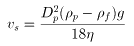 v_s = \frac{{D_p^2}(\rho_p - \rho_f)g}{18 \eta}